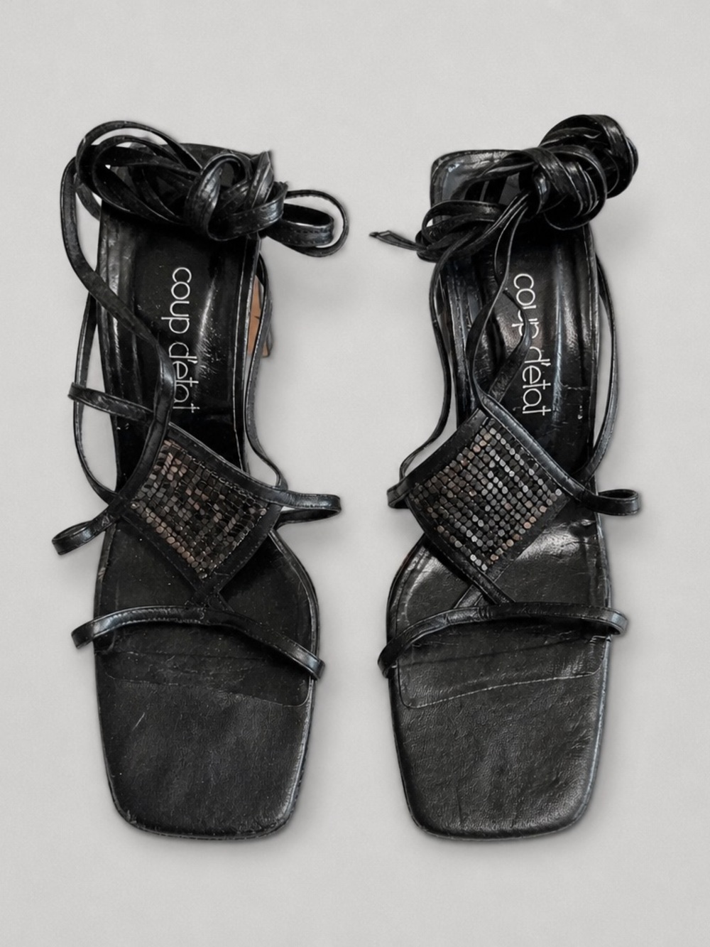 Vintage |Coup D'état Black Sequin Lace-Up Strappy Sandals | 🔥 FIRE 🔥| Y2K